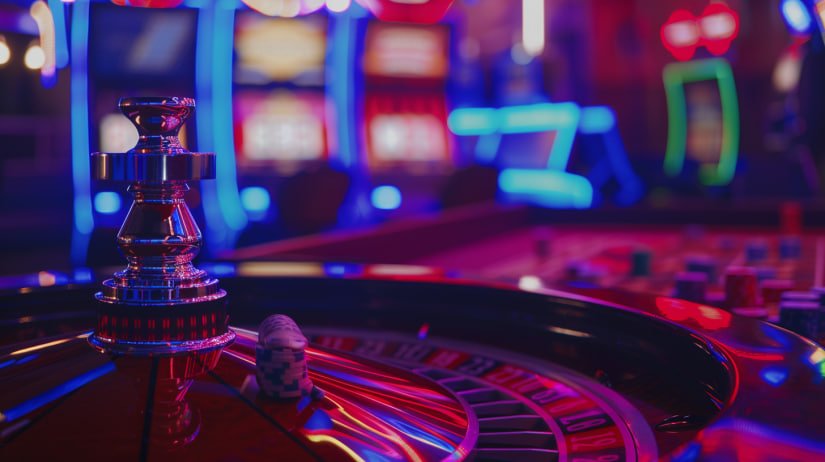 Mesin slot modern dengan grafik warna-warni dan tombol putar besar